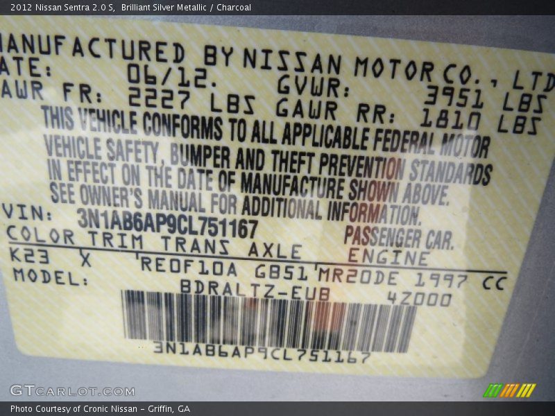 Brilliant Silver Metallic / Charcoal 2012 Nissan Sentra 2.0 S