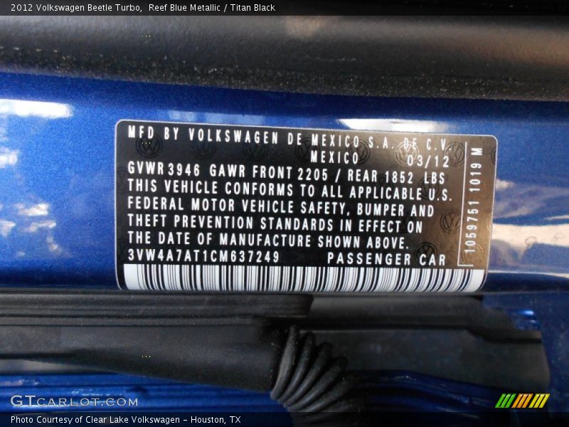 Reef Blue Metallic / Titan Black 2012 Volkswagen Beetle Turbo