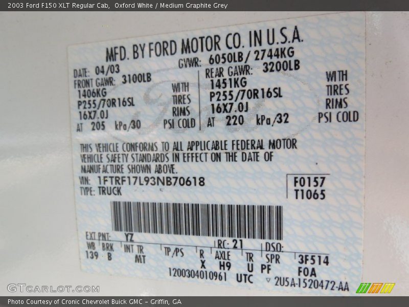 2003 F150 XLT Regular Cab Oxford White Color Code YZ