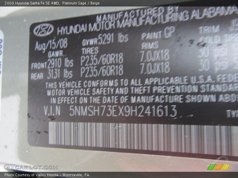 Platinum Sage / Beige 2009 Hyundai Santa Fe SE 4WD