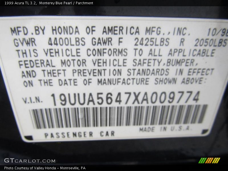 Monterey Blue Pearl / Parchment 1999 Acura TL 3.2