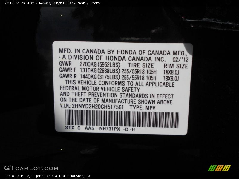 Crystal Black Pearl / Ebony 2012 Acura MDX SH-AWD