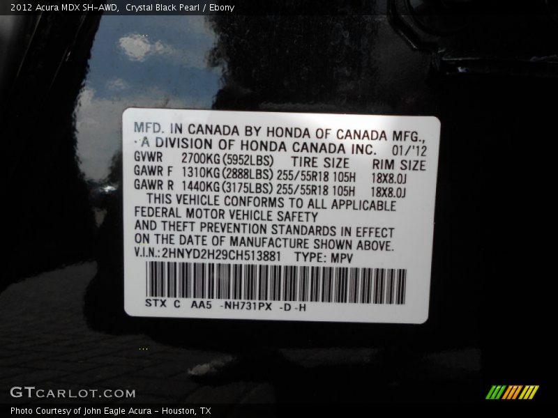 Crystal Black Pearl / Ebony 2012 Acura MDX SH-AWD