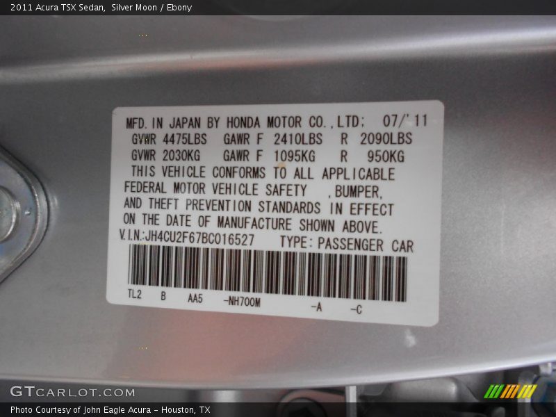 2011 TSX Sedan Silver Moon Color Code NH700M