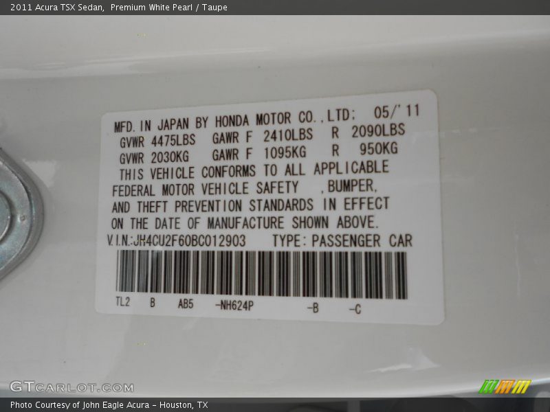 Premium White Pearl / Taupe 2011 Acura TSX Sedan
