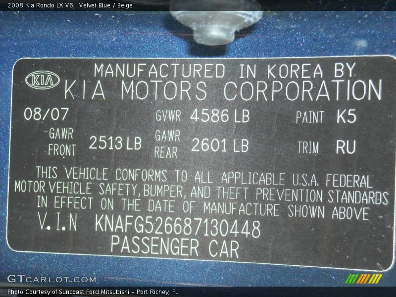 Velvet Blue / Beige 2008 Kia Rondo LX V6