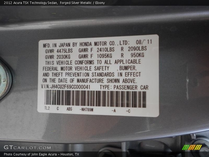 Forged Silver Metallic / Ebony 2012 Acura TSX Technology Sedan