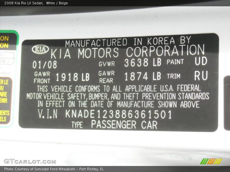 White / Beige 2008 Kia Rio LX Sedan