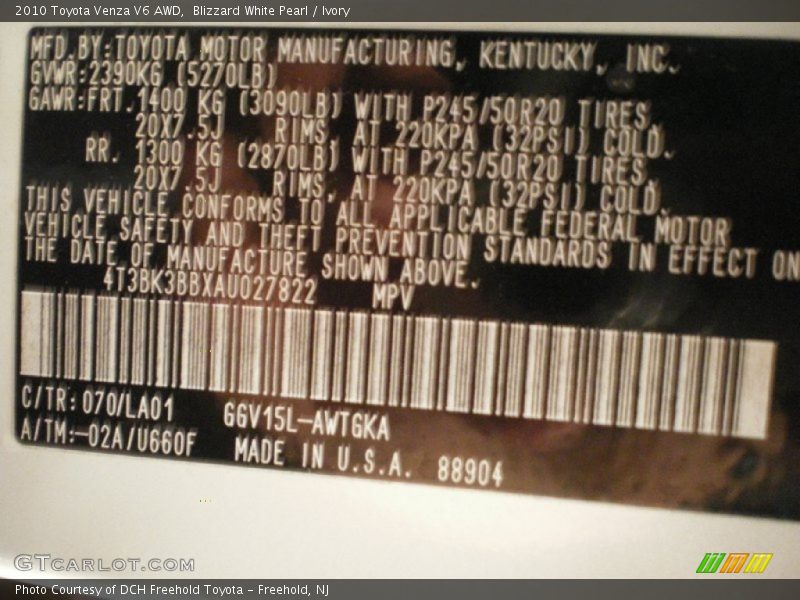 Blizzard White Pearl / Ivory 2010 Toyota Venza V6 AWD