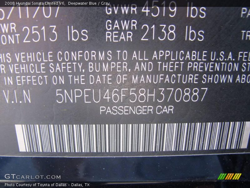 Deepwater Blue / Gray 2008 Hyundai Sonata Limited V6