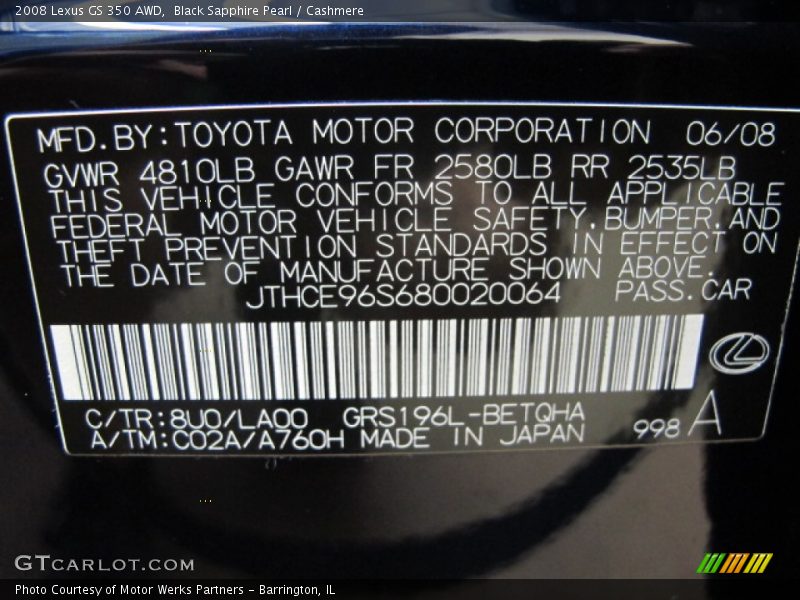 Black Sapphire Pearl / Cashmere 2008 Lexus GS 350 AWD