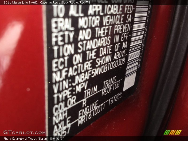 2011 Juke S AWD Cayenne Red Color Code NAH