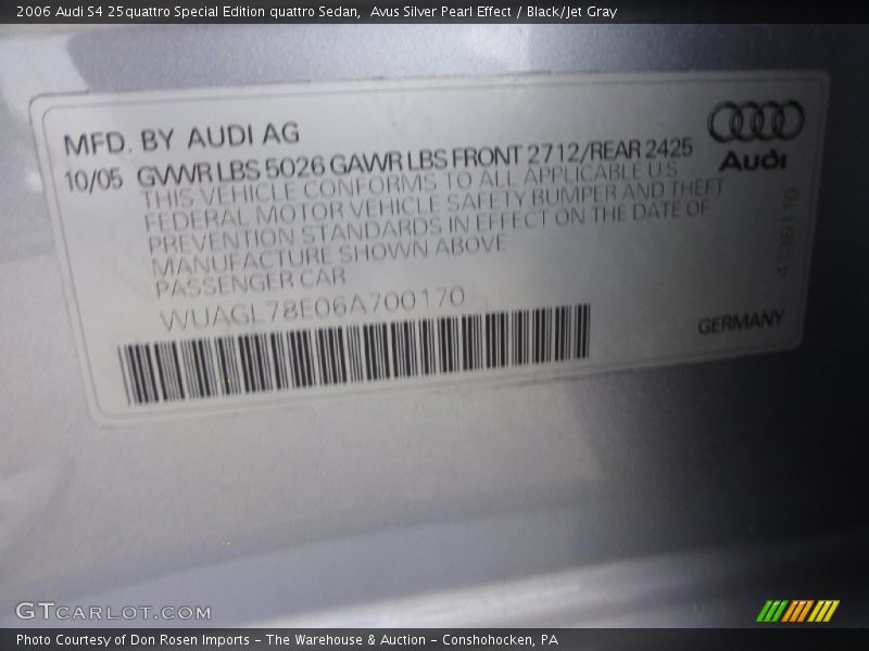 Info Tag of 2006 S4 25quattro Special Edition quattro Sedan