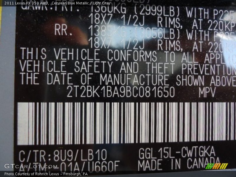 Cerulean Blue Metallic / Light Gray 2011 Lexus RX 350 AWD
