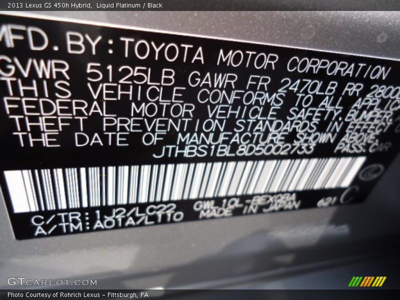 2013 GS 450h Hybrid Liquid Platinum Color Code 1J2