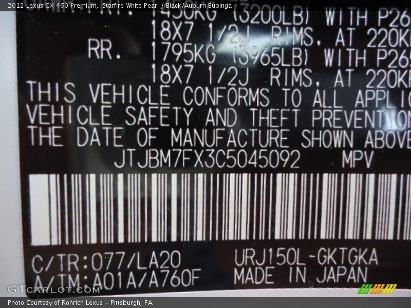 Starfire White Pearl / Black/Auburn Bubinga 2012 Lexus GX 460 Premium
