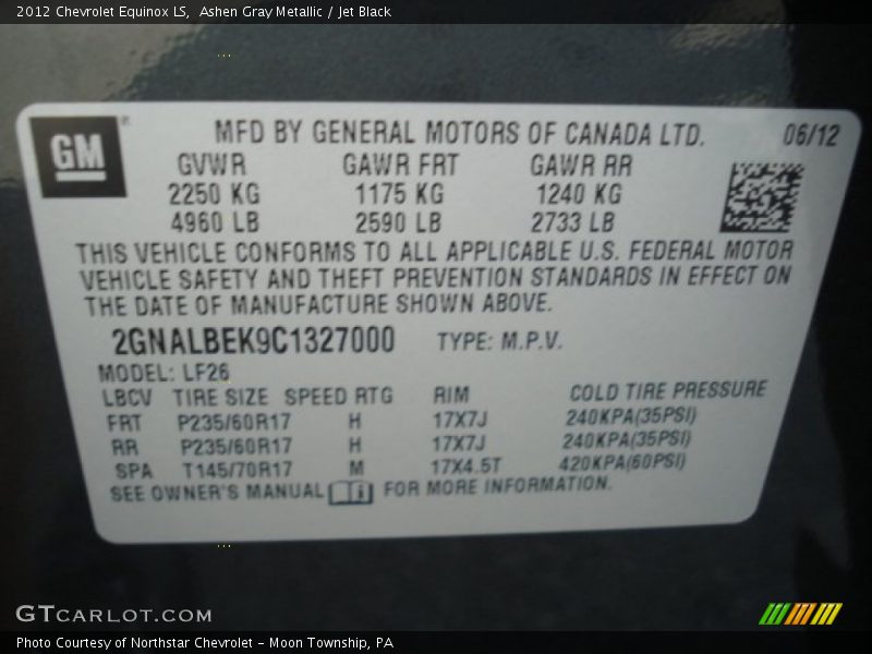 Ashen Gray Metallic / Jet Black 2012 Chevrolet Equinox LS