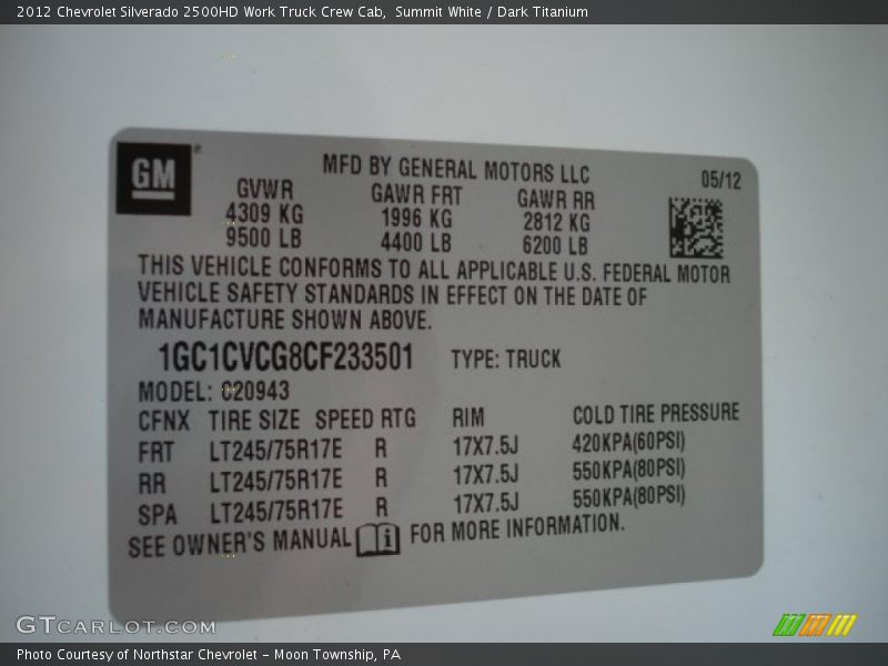 Info Tag of 2012 Silverado 2500HD Work Truck Crew Cab
