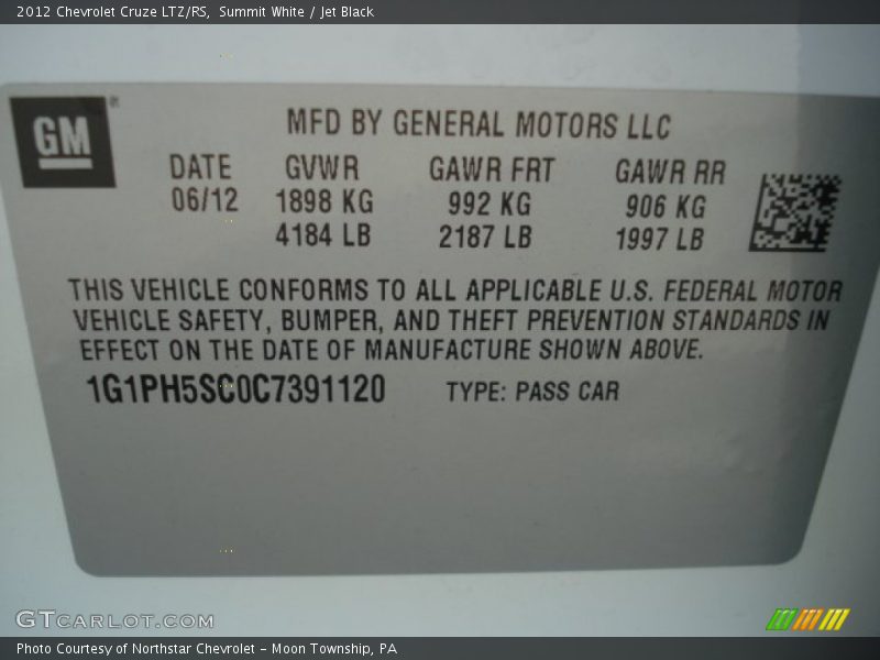 Summit White / Jet Black 2012 Chevrolet Cruze LTZ/RS