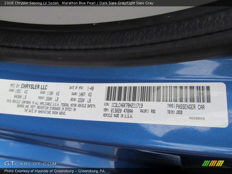 Marathon Blue Pearl / Dark Slate Gray/Light Slate Gray 2008 Chrysler Sebring LX Sedan