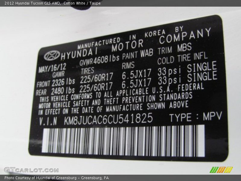 Cotton White / Taupe 2012 Hyundai Tucson GLS AWD