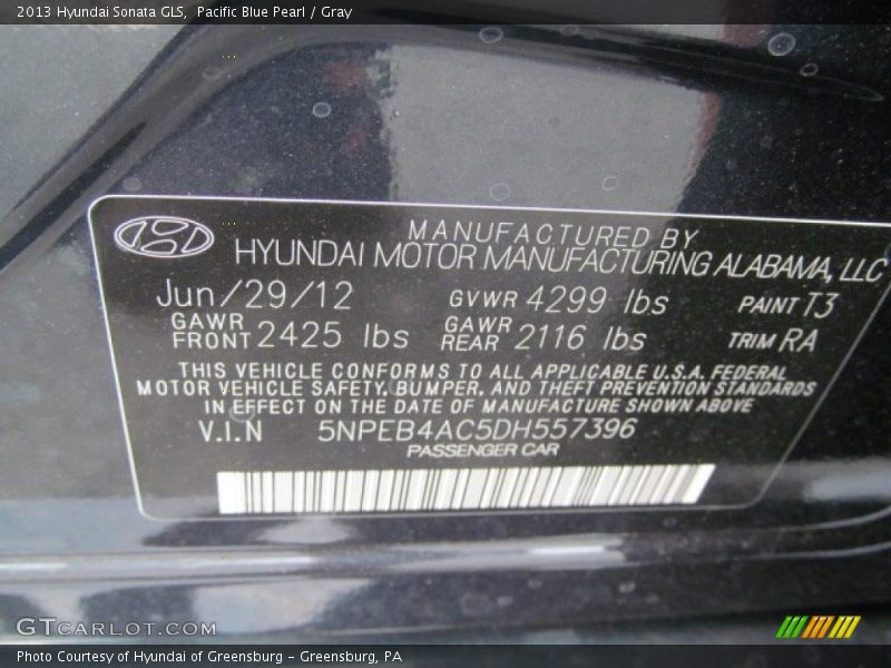 Pacific Blue Pearl / Gray 2013 Hyundai Sonata GLS