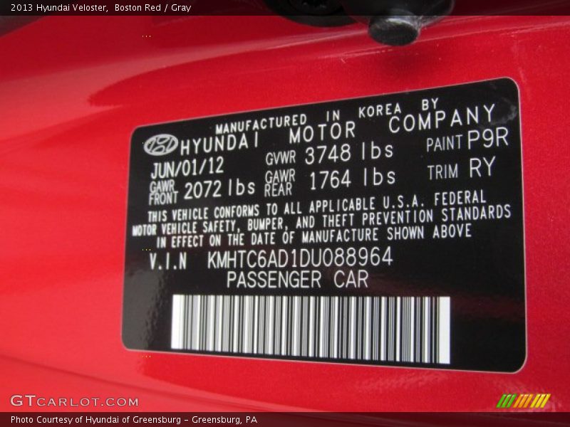 2013 Veloster  Boston Red Color Code P9R
