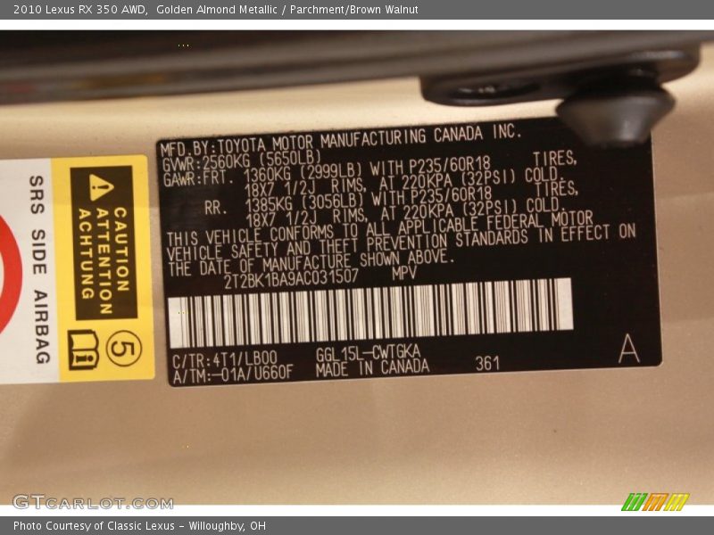 Golden Almond Metallic / Parchment/Brown Walnut 2010 Lexus RX 350 AWD