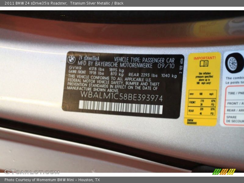 Info Tag of 2011 Z4 sDrive35is Roadster