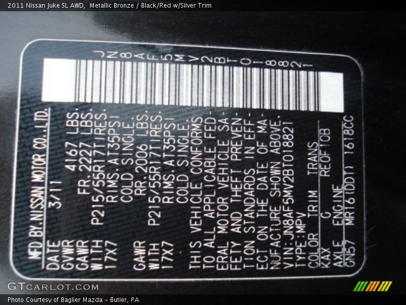 Metallic Bronze / Black/Red w/Silver Trim 2011 Nissan Juke SL AWD