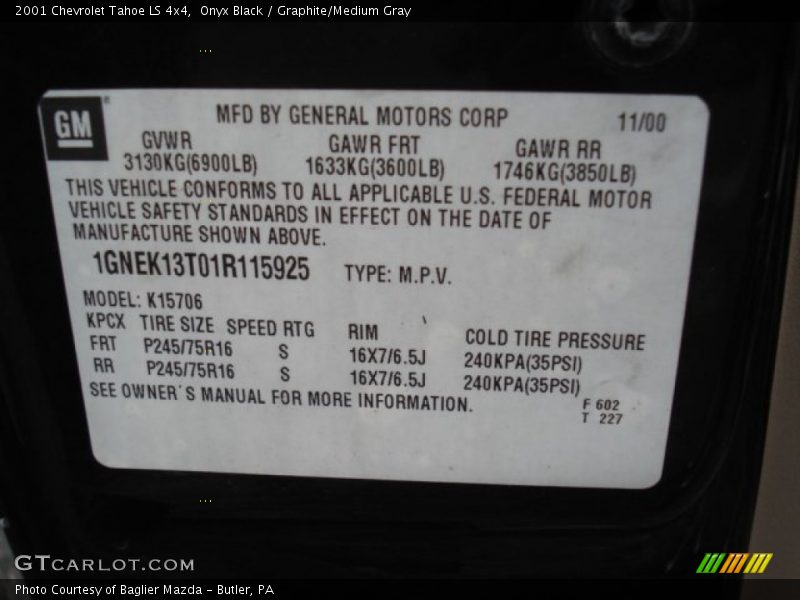Onyx Black / Graphite/Medium Gray 2001 Chevrolet Tahoe LS 4x4