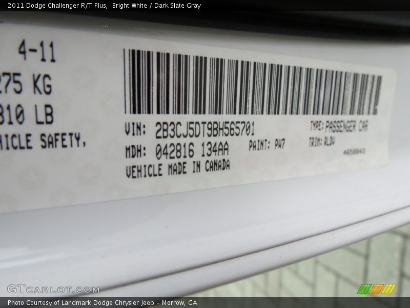 2011 Challenger R/T Plus Bright White Color Code PW7
