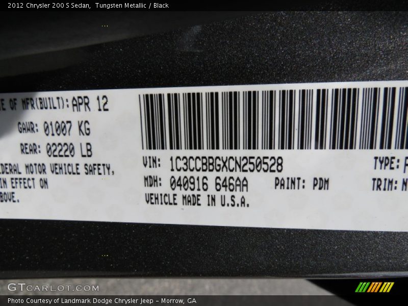 2012 200 S Sedan Tungsten Metallic Color Code PDM