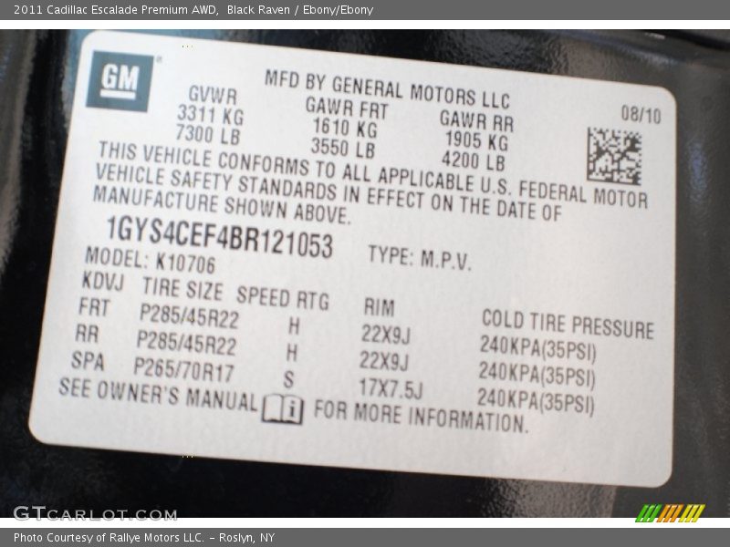 Info Tag of 2011 Escalade Premium AWD