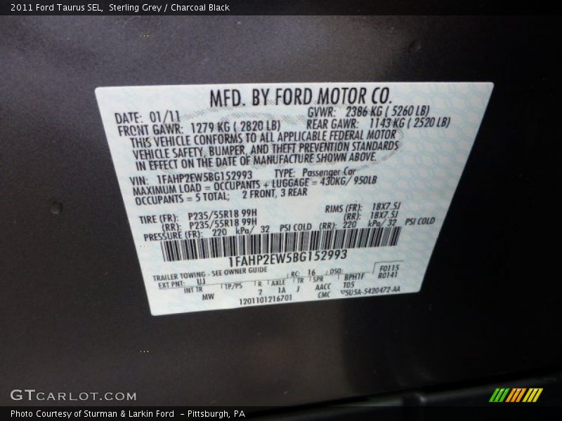 Sterling Grey / Charcoal Black 2011 Ford Taurus SEL