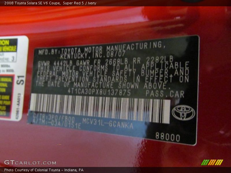 Super Red 5 / Ivory 2008 Toyota Solara SE V6 Coupe