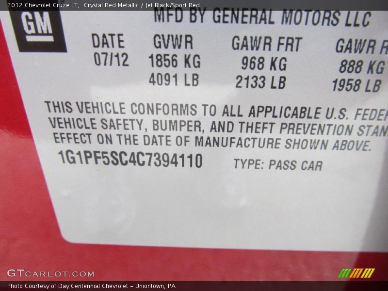 Crystal Red Metallic / Jet Black/Sport Red 2012 Chevrolet Cruze LT