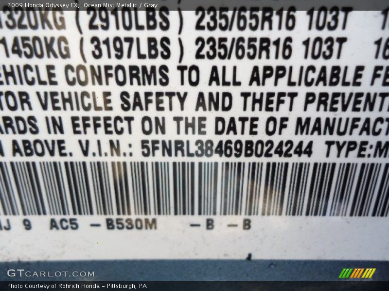 Ocean Mist Metallic / Gray 2009 Honda Odyssey EX