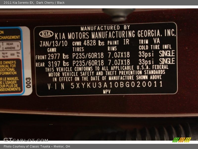 Dark Cherry / Black 2011 Kia Sorento EX