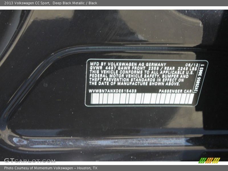 Deep Black Metallic / Black 2013 Volkswagen CC Sport