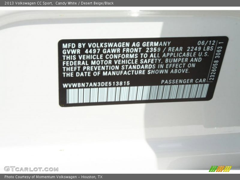 Candy White / Desert Beige/Black 2013 Volkswagen CC Sport