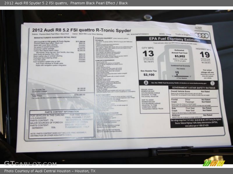  2012 R8 Spyder 5.2 FSI quattro Window Sticker