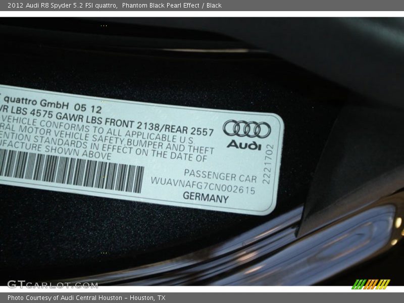 Info Tag of 2012 R8 Spyder 5.2 FSI quattro