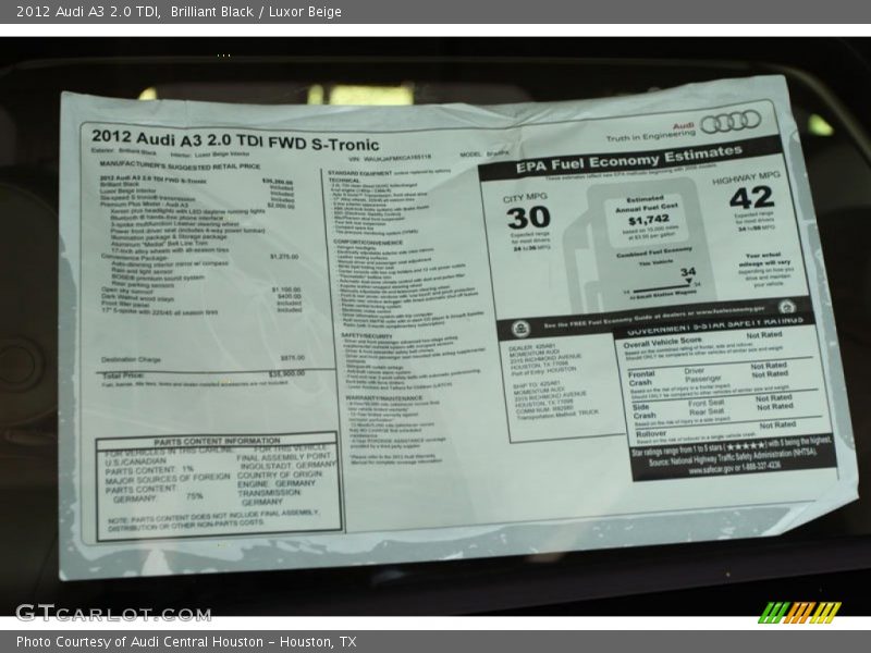 Brilliant Black / Luxor Beige 2012 Audi A3 2.0 TDI