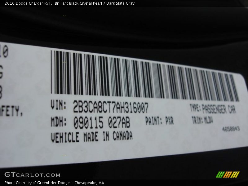 Brilliant Black Crystal Pearl / Dark Slate Gray 2010 Dodge Charger R/T