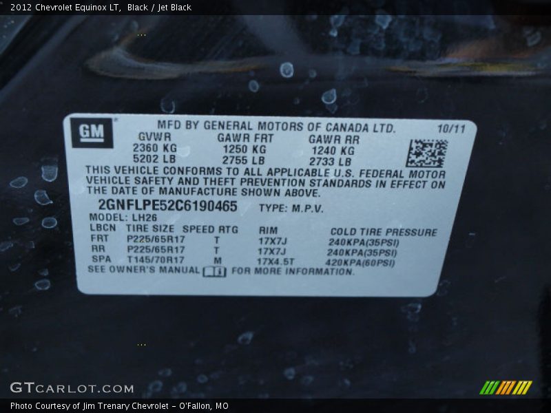 Black / Jet Black 2012 Chevrolet Equinox LT
