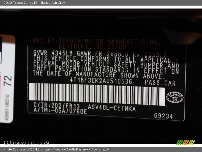 Black / Ash Gray 2010 Toyota Camry LE