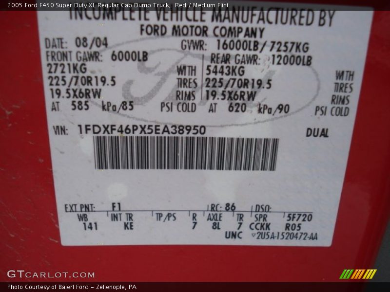 2005 F450 Super Duty XL Regular Cab Dump Truck Red Color Code F1