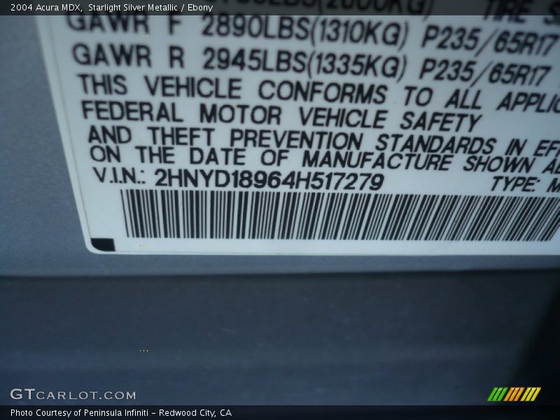 Starlight Silver Metallic / Ebony 2004 Acura MDX