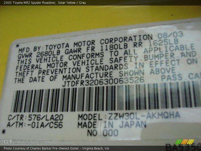 2003 MR2 Spyder Roadster Solar Yellow Color Code 576